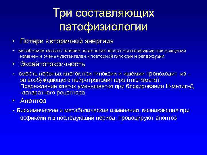 Три составляющих патофизиологии • Потери «вторичной энергии» - метаболизм мозга в течение нескольких часов
