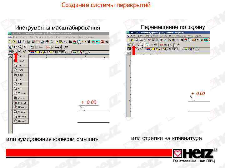 Создание системы перекрытий Инструменты масштабирования или зумирование колесом «мыши» Перемещение по экрану или стрелки
