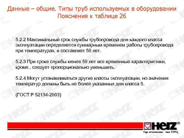 Данные – общие. Типы труб используемых в оборудовании Пояснения к таблице 26 5. 2.