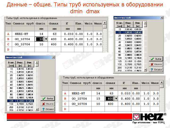 Данные – общие. Типы труб используемых в оборудовании dmin dmax 