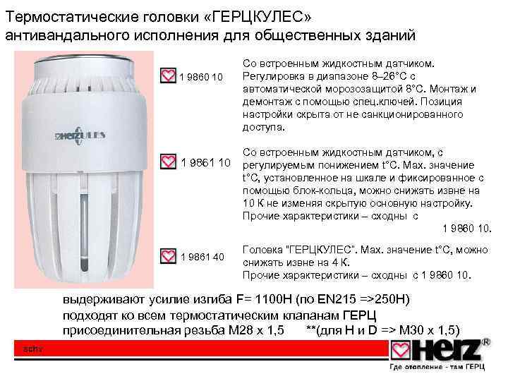 Термостатические головки «ГЕРЦКУЛЕС» антивандального исполнения для общественных зданий 1 9860 10 1 9861 40