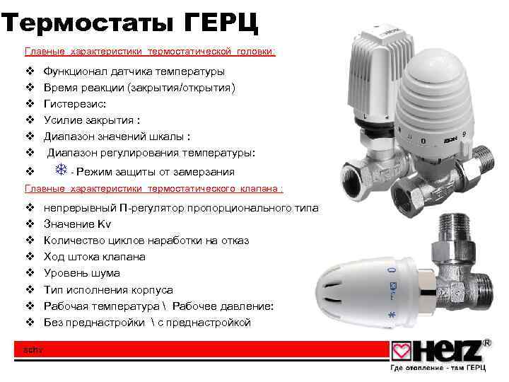 Термостаты ГЕРЦ Главные характеристики термостатической головки: v v v v Функционал датчика температуры Время