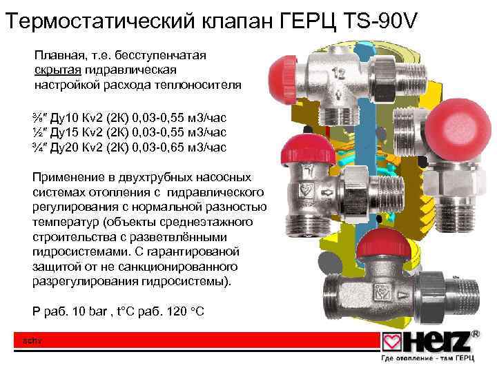 Термостатический клапан ГЕРЦ TS-90 V Плавная, т. е. бесступенчатая скрытая гидравлическая настройкой расхода теплоносителя