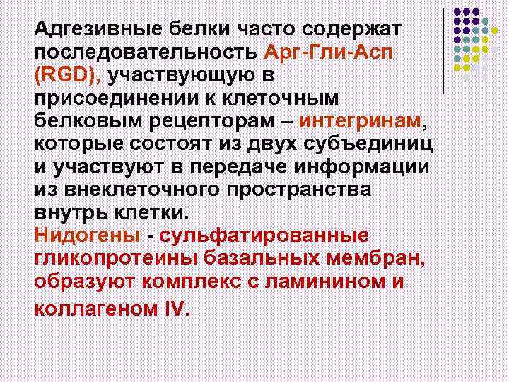 Адгезивные белки часто содержат последовательность Арг-Гли-Асп (RGD), участвующую в присоединении к клеточным белковым рецепторам