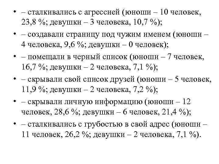  • – сталкивались с агрессией (юноши – 10 человек, 23, 8 %; девушки