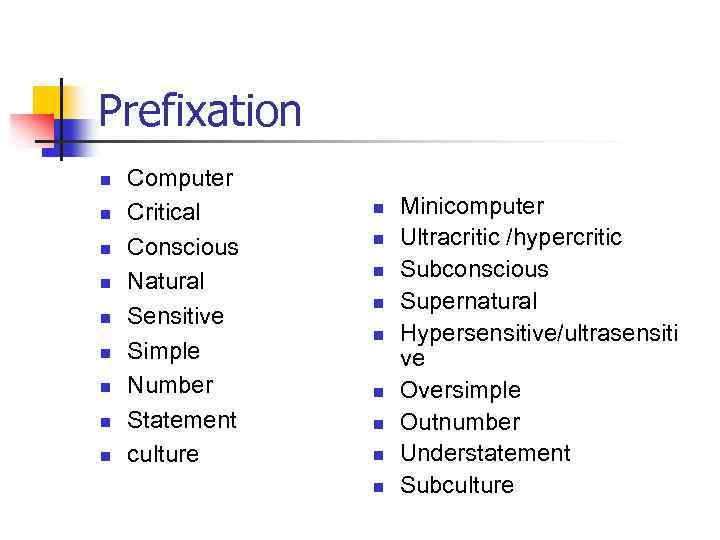 Prefixation n n n n Computer Critical Conscious Natural Sensitive Simple Number Statement culture