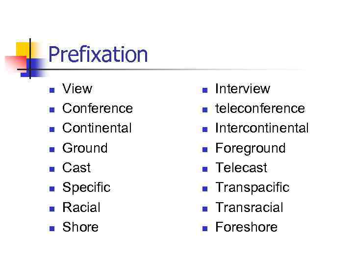 Prefixation n n n n View Conference Continental Ground Cast Specific Racial Shore n