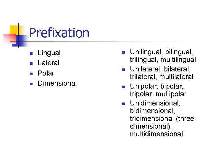 Prefixation n n Lingual Lateral Polar Dimensional n n Unilingual, bilingual, trilingual, multilingual Unilateral,