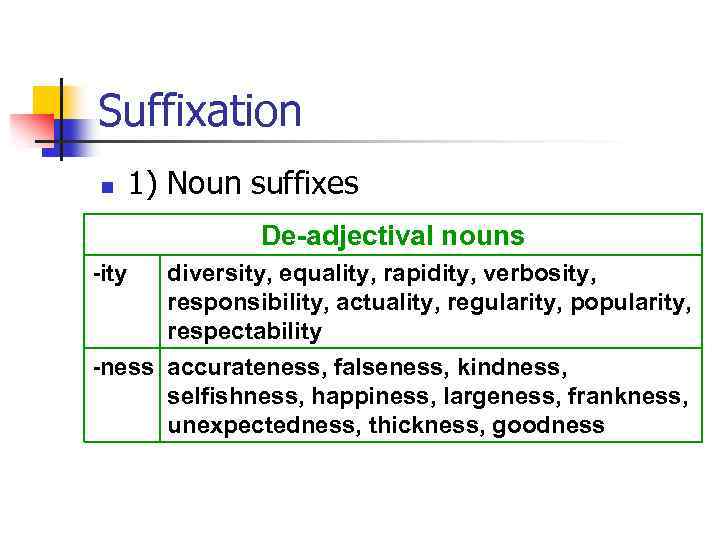 Suffixation n 1) Noun suffixes De-adjectival nouns -ity diversity, equality, rapidity, verbosity, responsibility, actuality,