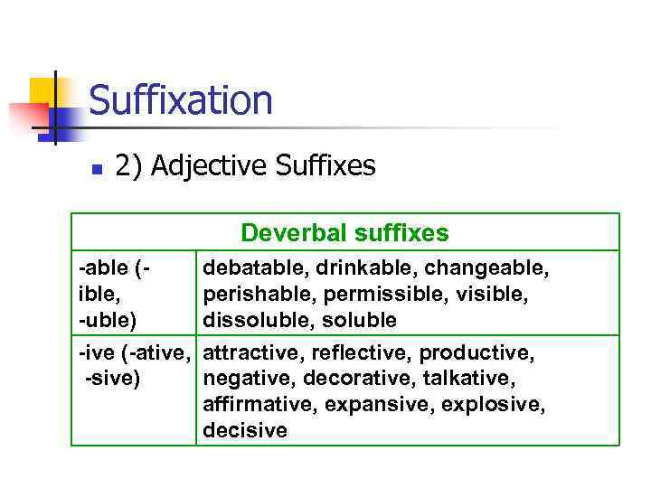 Suffixation n 2) Adjective Suffixes Deverbal suffixes -able (ible, -uble) debatable, drinkable, changeable, perishable,