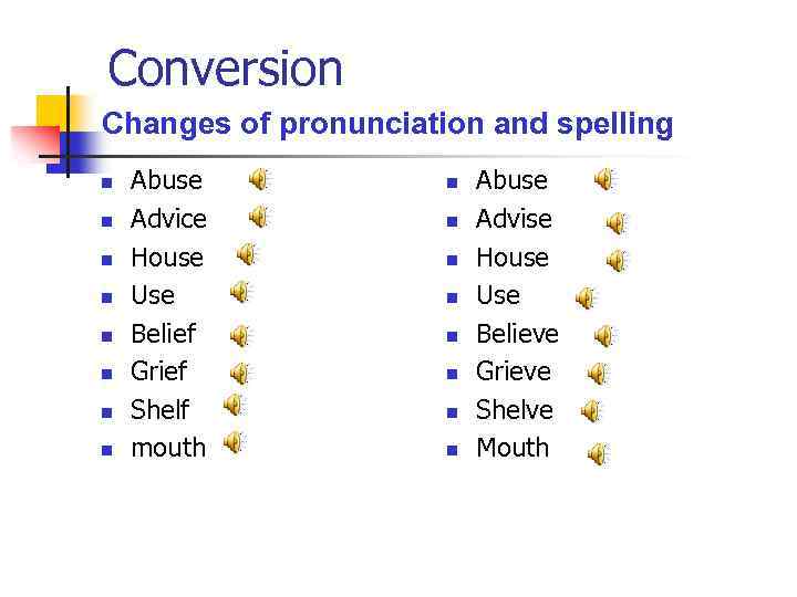 Conversion Changes of pronunciation and spelling n n n n Abuse Advice House Use