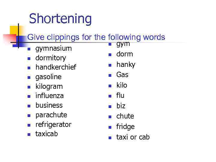 Shortening Give clippings for the following words n n n n n gymnasium dormitory