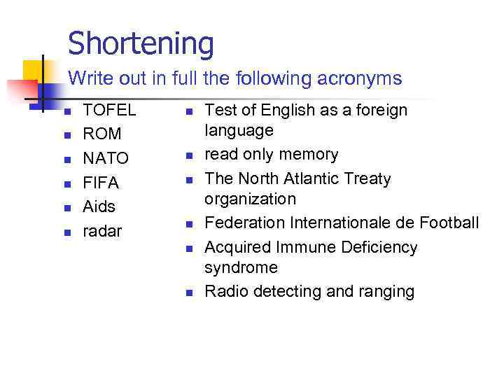 Shortening Write out in full the following acronyms n n n TOFEL ROM NATO