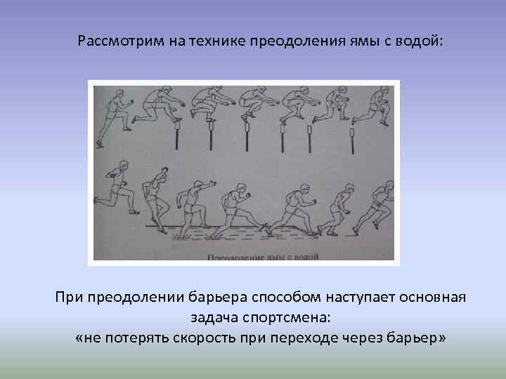 Рассмотрим на технике преодоления ямы с водой: При преодолении барьера способом наступает основная задача