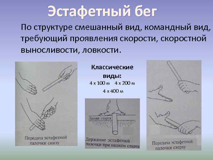 Эстафетный бег По структуре смешанный вид, командный вид, требующий проявления скорости, скоростной выносливости, ловкости.
