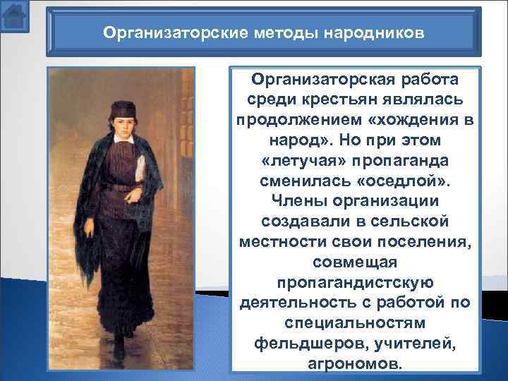Организаторские методы народников Организаторская работа среди крестьян являлась продолжением «хождения в народ» . Но
