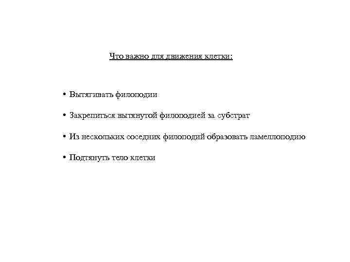 Что важно для движения клетки: • Вытягивать филоподии • Закрепиться вытянутой филоподией за субстрат