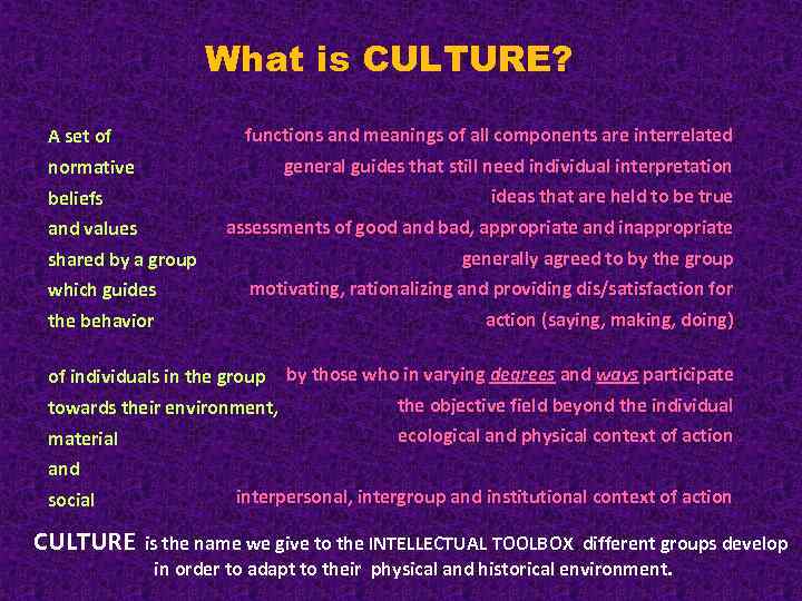 What is CULTURE? functions and meanings of all components are interrelated A set of