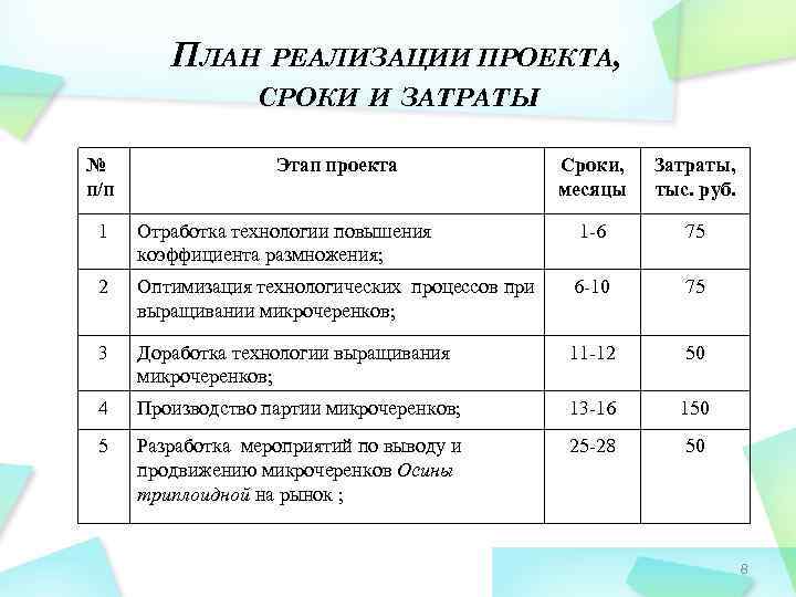 ПЛАН РЕАЛИЗАЦИИ ПРОЕКТА, СРОКИ И ЗАТРАТЫ № п/п Этап проекта Сроки, месяцы Затраты, тыс.