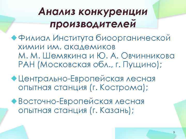 Анализ конкуренции производителей Филиал Института биоорганической химии им. академиков М. М. Шемякина и Ю.