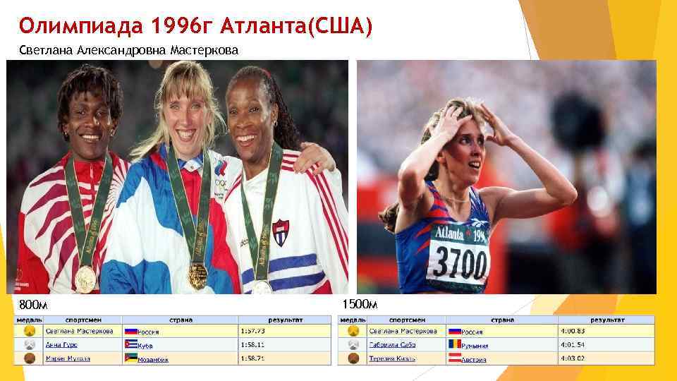 Олимпиада 1996 г Атланта(США) Светлана Александровна Мастеркова 800 м 1500 м 