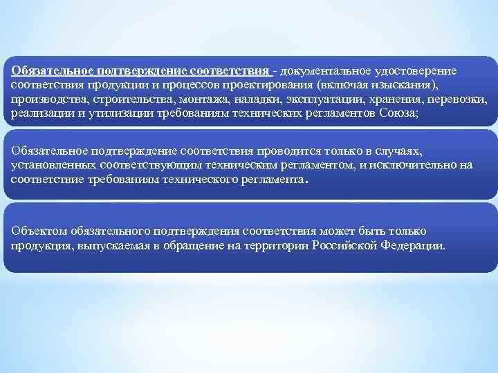 Обязательное подтверждение соответствия - документальное удостоверение соответствия продукции и процессов проектирования (включая изыскания), производства,