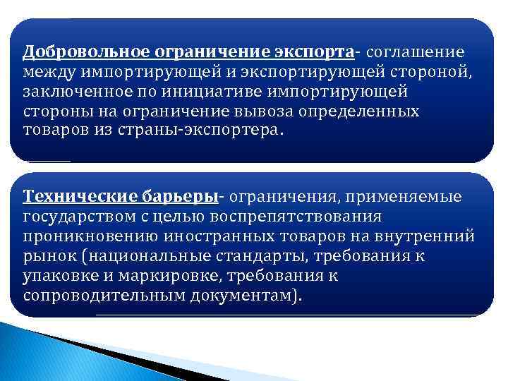 Добровольное ограничение экспорта- соглашение между импортирующей и экспортирующей стороной, заключенное по инициативе импортирующей стороны