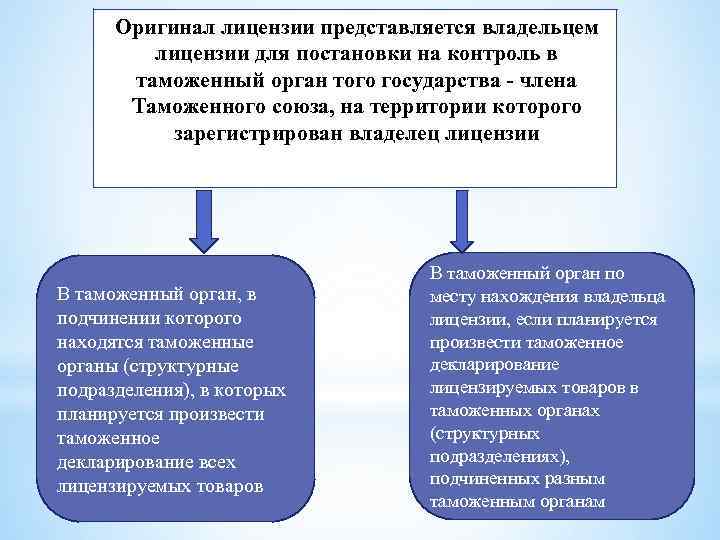 Оригинал лицензии представляется владельцем лицензии для постановки на контроль в таможенный орган того государства