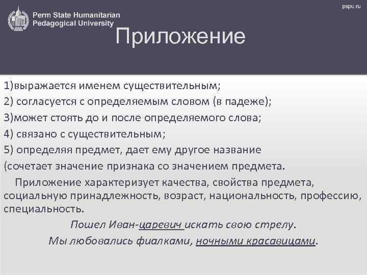 Приложение 1)выражается именем существительным; 2) согласуется с определяемым словом (в падеже); 3)может стоять до