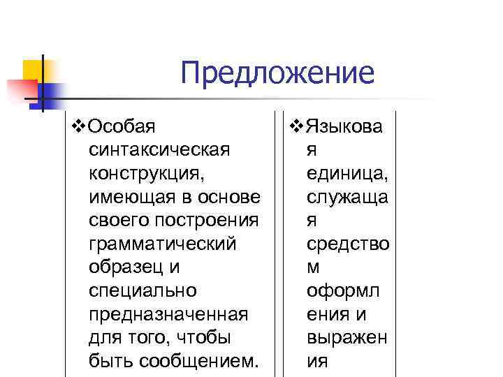 Предложение v. Особая синтаксическая конструкция, имеющая в основе своего построения грамматический образец и специально