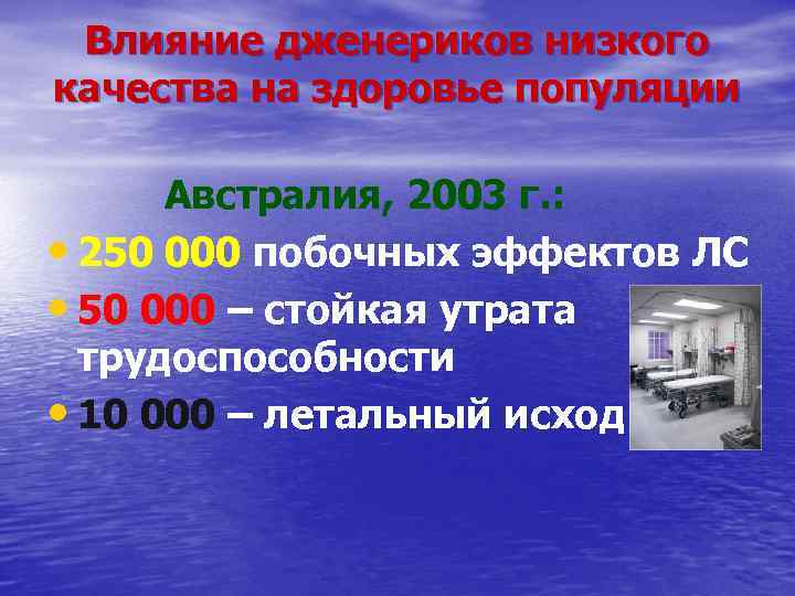 Влияние дженериков низкого качества на здоровье популяции Австралия, 2003 г. : • 250 000