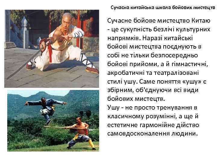 Сучасна китайська школа бойових мистецтв Сучасне бойове мистецтво Китаю - це сукупність безлічі культурних