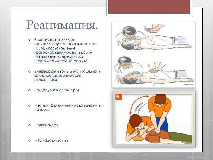 Реанимация включает искусственную вентиляцию легких (ИВЛ), восстановление кровоснабжения мозга и других органов путем прямого