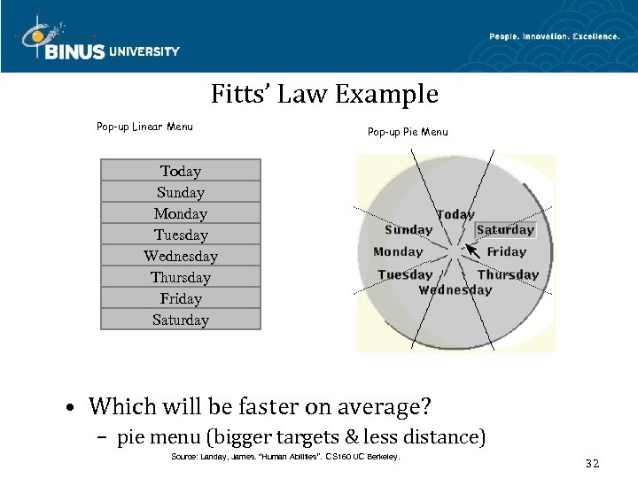 Fitts’ Law Example Pop-up Linear Menu Pop-up Pie Menu Today Sunday Monday Tuesday Wednesday