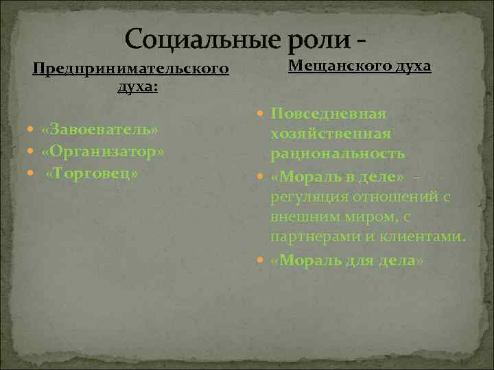 Социальные роли Предпринимательского духа: «Завоеватель» «Организатор» «Торговец» Мещанского духа Повседневная хозяйственная рациональность «Мораль в
