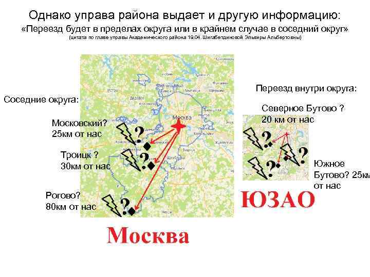 Однако управа района выдает и другую информацию: «Переезд будет в пределах округа или в