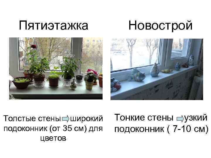Пятиэтажка Новострой Толстые стены широкий подоконник (от 35 см) для цветов Тонкие стены узкий