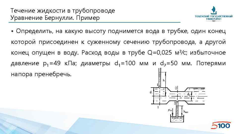 Течение жидкости в трубопроводе Уравнение Бернулли. Пример • Определить, на какую высоту поднимется вода
