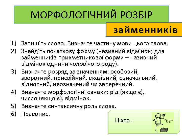 МОРФОЛОГІЧНИЙ РОЗБІР займенників 1) Запишіть слово. Визначте частину мови цього слова. 2) Знайдіть початкову