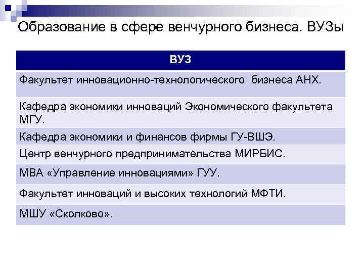 Образование в сфере венчурного бизнеса. ВУЗы ВУЗ Факультет инновационно-технологического бизнеса АНХ. Кафедра экономики инноваций