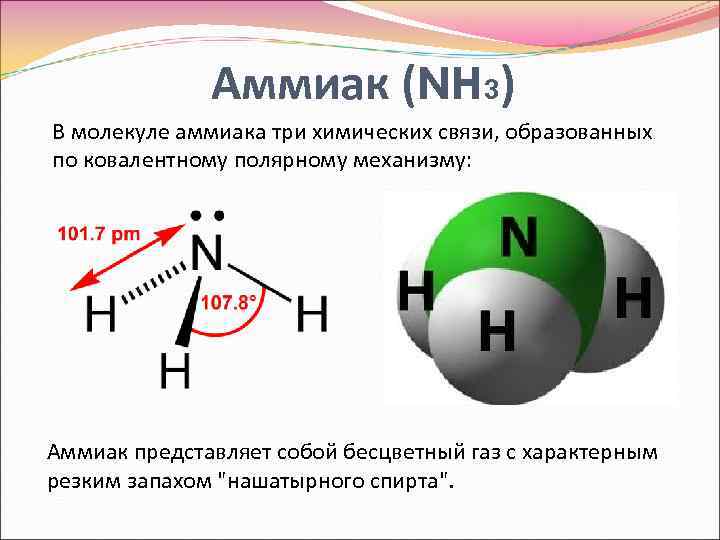 Аммиак (NH 3) В молекуле аммиака три химических связи, образованных по ковалентному полярному механизму:
