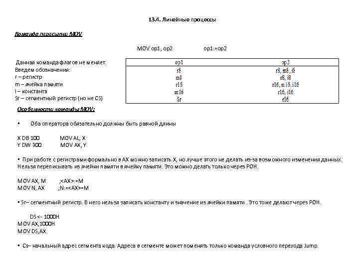13. 4. Линейные процессы Команда пересылки MOV op 1, op 2 op 1: =op