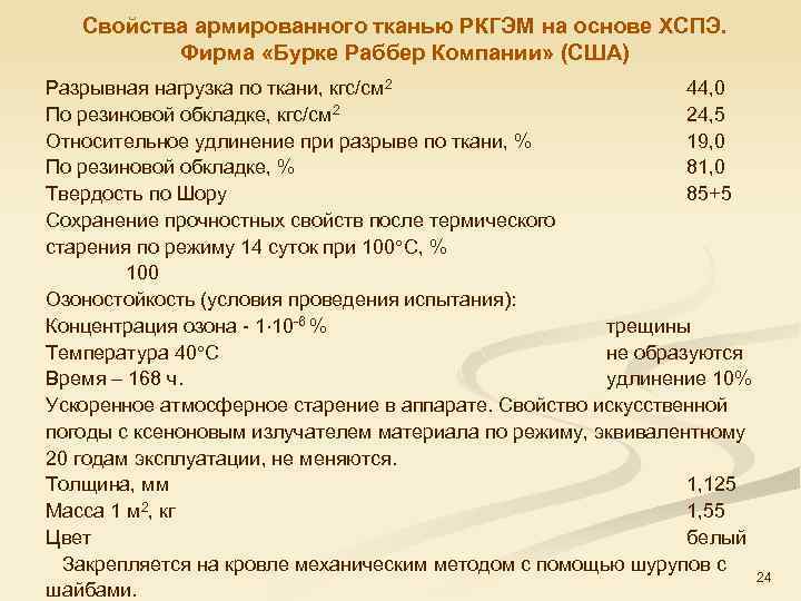 Свойства армированного тканью РКГЭМ на основе ХСПЭ. Фирма «Бурке Раббер Компании» (США) Разрывная нагрузка