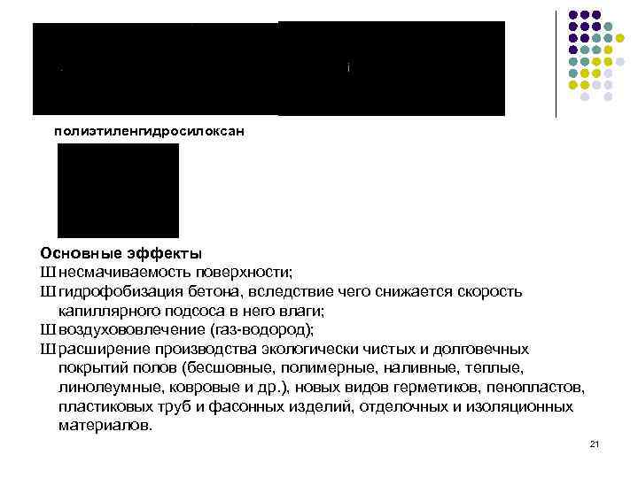 полиэтиленгидросилоксан Основные эффекты Ш несмачиваемость поверхности; Ш гидрофобизация бетона, вследствие чего снижается скорость капиллярного