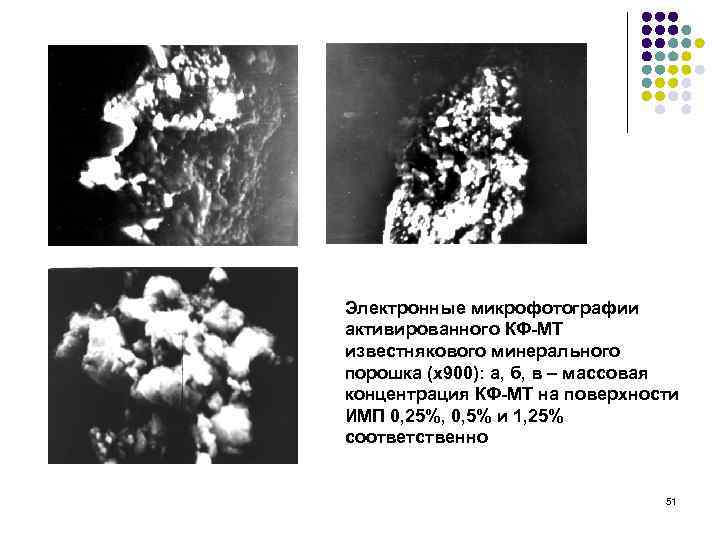 Электронные микрофотографии активированного КФ-МТ известнякового минерального порошка (х900): а, б, в – массовая концентрация