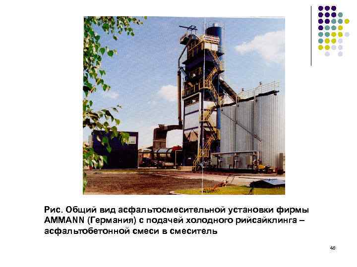 Рис. Общий вид асфальтосмесительной установки фирмы AMMANN (Германия) с подачей холодного рийсайклинга – асфальтобетонной