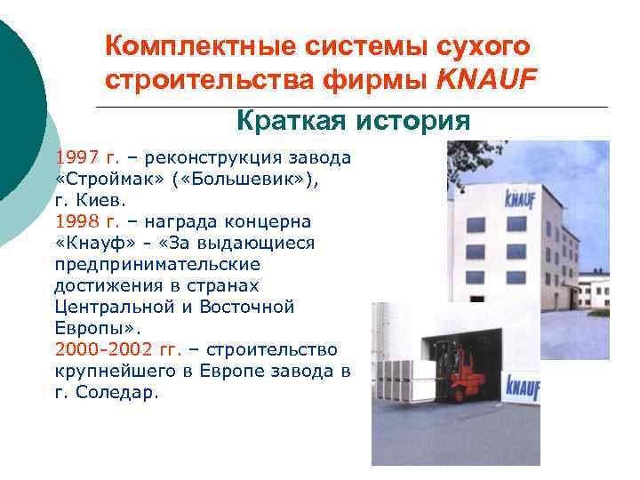 Комплектные системы сухого строительства фирмы KNAUF Краткая история 1997 г. – реконструкция завода «Строймак»