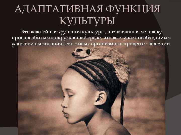 АДАПТАТИВНАЯ ФУНКЦИЯ КУЛЬТУРЫ Это важнейшая функция культуры, позволяющая человеку приспособиться к окружающей среде, что