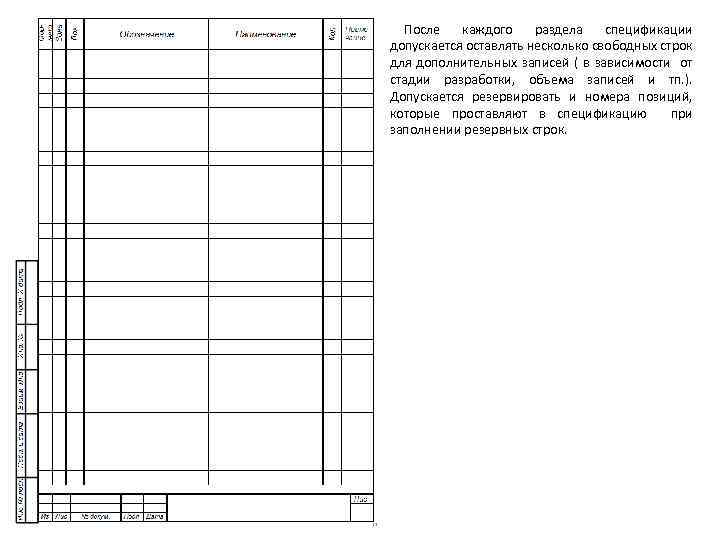 После каждого раздела спецификации допускается оставлять несколько свободных строк для дополнительных записей ( в
