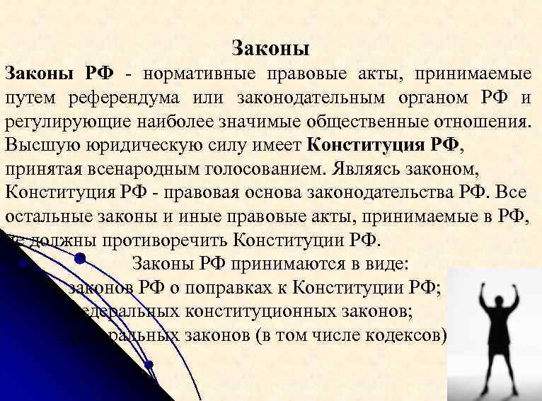 Законы РФ - нормативные правовые акты, принимаемые путем референдума или законодательным органом РФ и